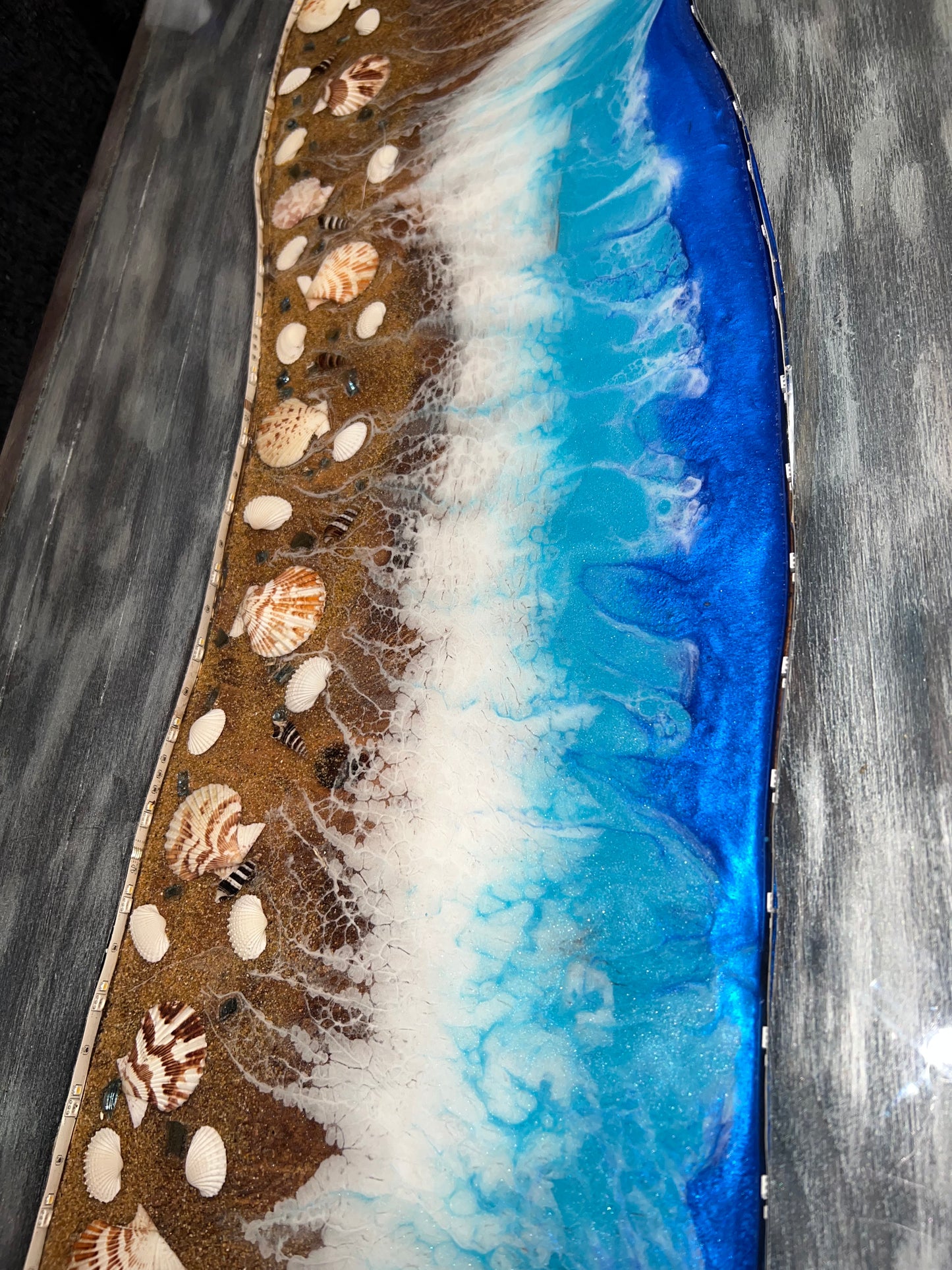 Blue/Dark Brown Washed Table With Blue Waves & Seashells