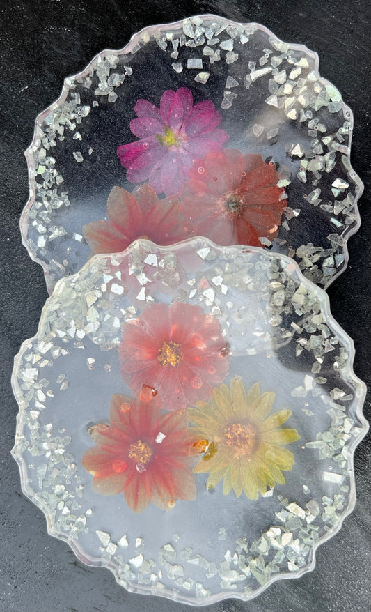 Colored Flowers In Clear Coasters Set