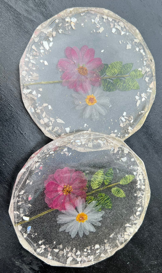 Pink & White Flowers With Green Leaves In Clear Coasters Set