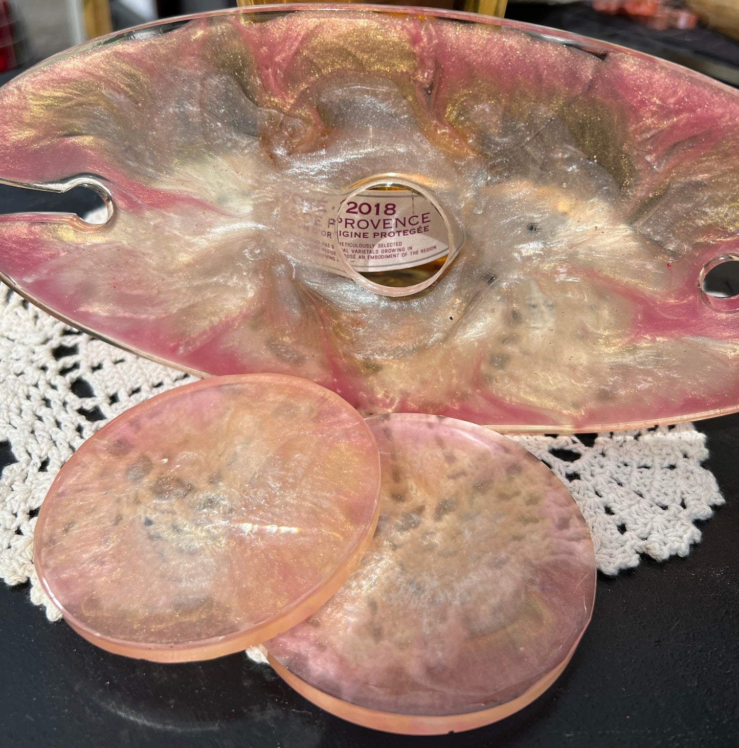 Pink, Pearl White, Gold & Green Wine Bottle Holder With Coasters