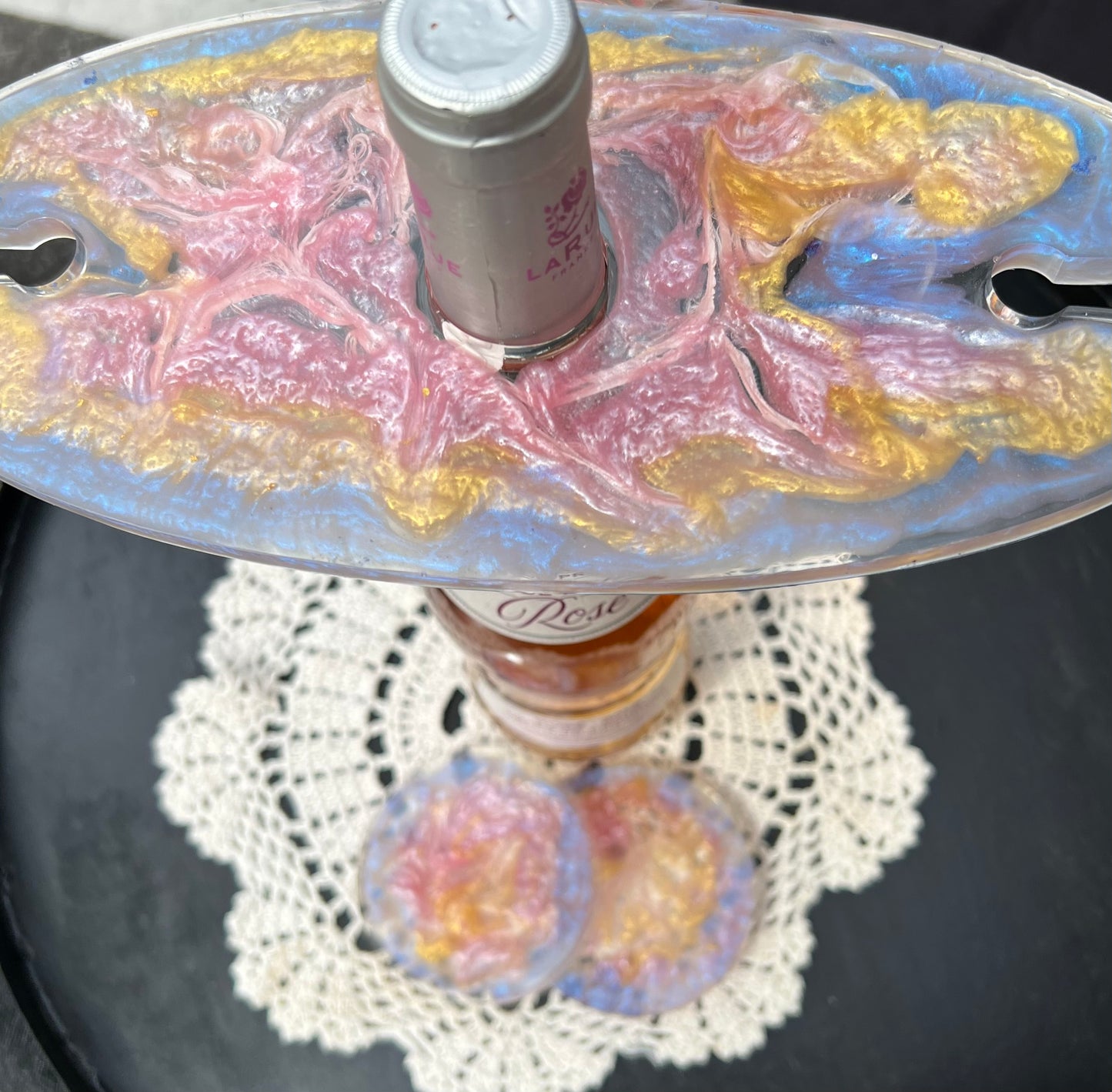 Pink, Purple, Yellowish Gold & White Wine Bottle Holder With Coasters