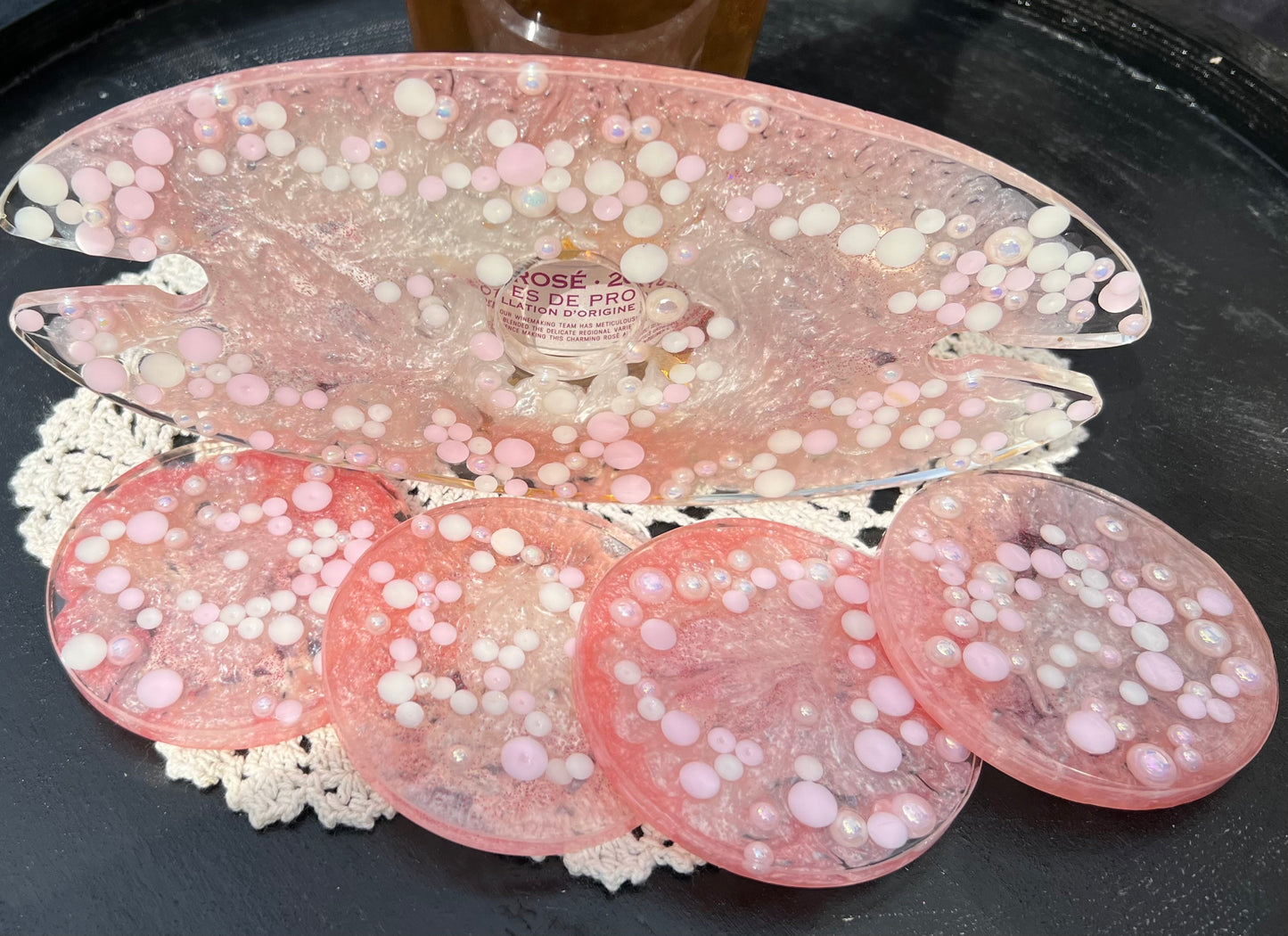 Pale Pink & Pearl White Wine Bottle Holder With Coasters