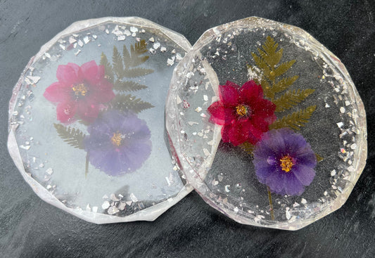 Pink & Purple Flowers With Leaves In Clear Coasters Set