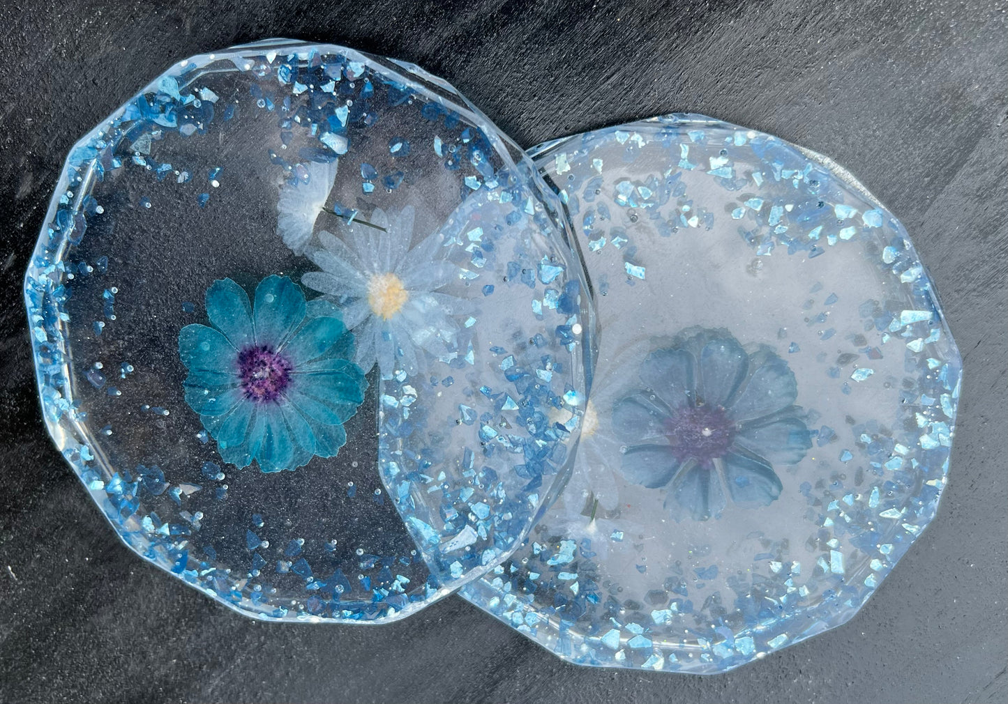 Blue Flowers In Clear Coasters Set