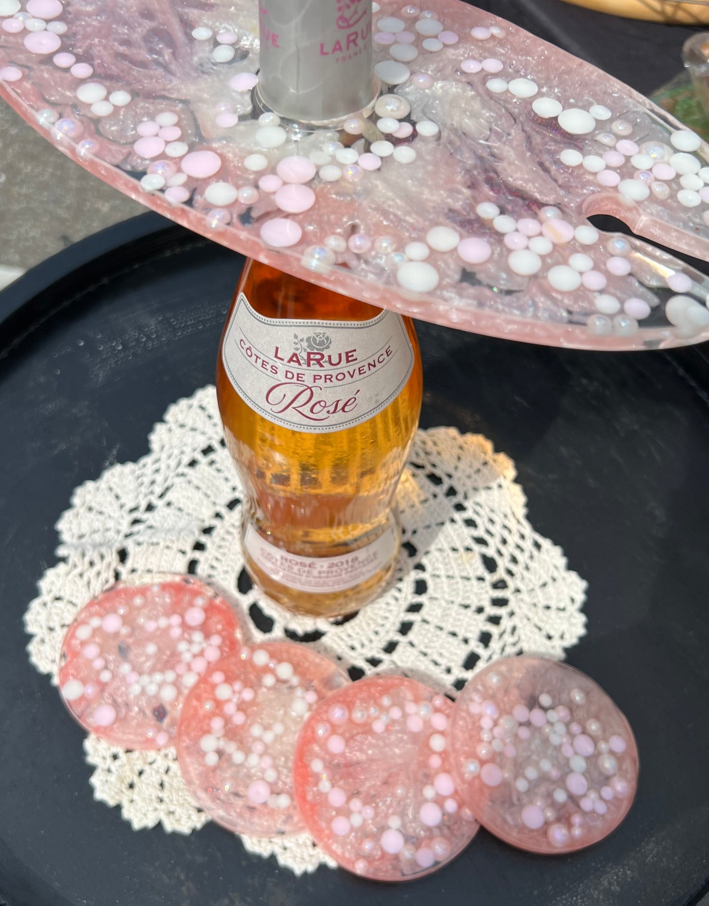 Pale Pink & Pearl White Wine Bottle Holder With Coasters