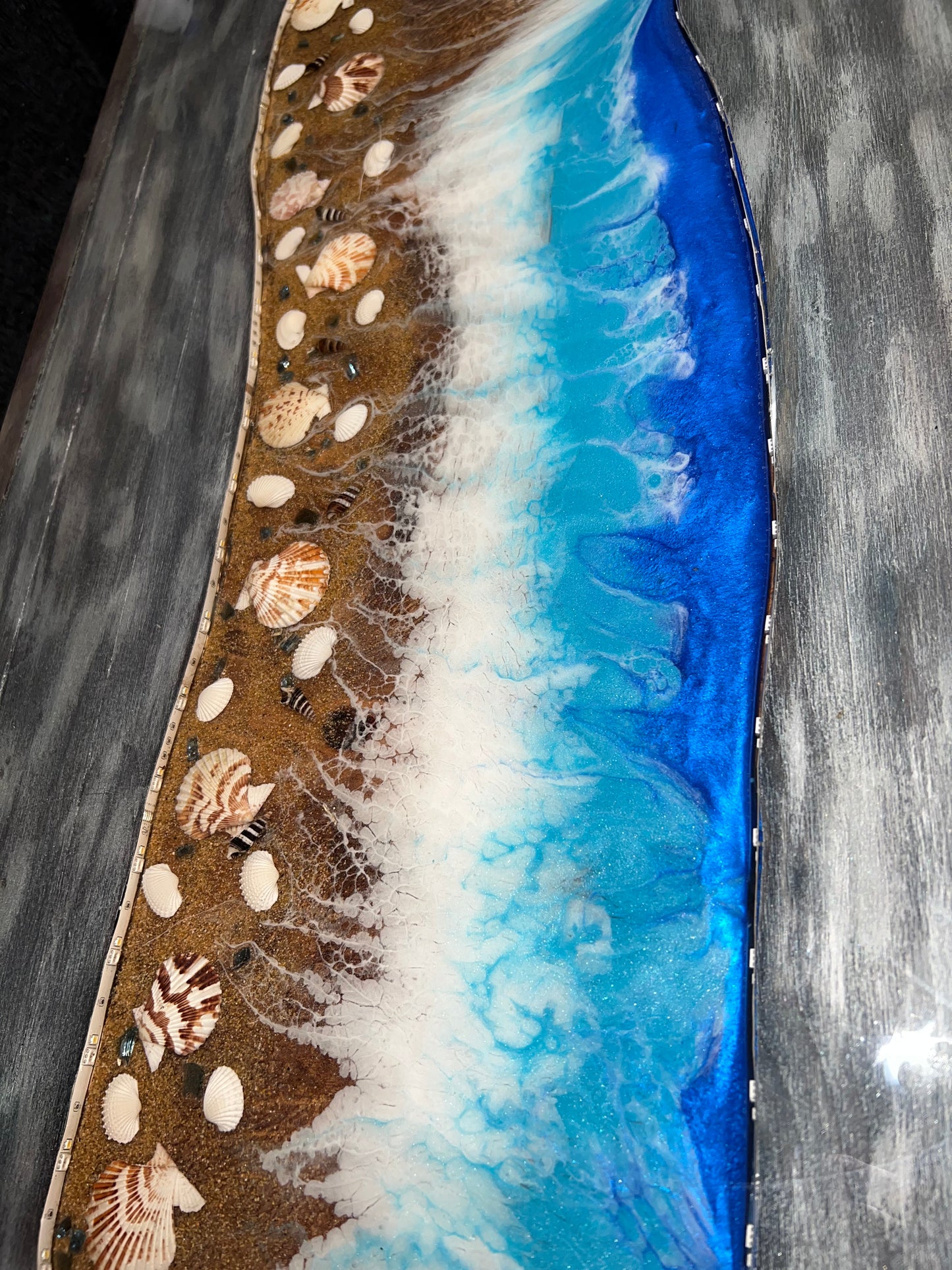 Blue/Dark Brown Washed Table With Blue Waves & Seashells