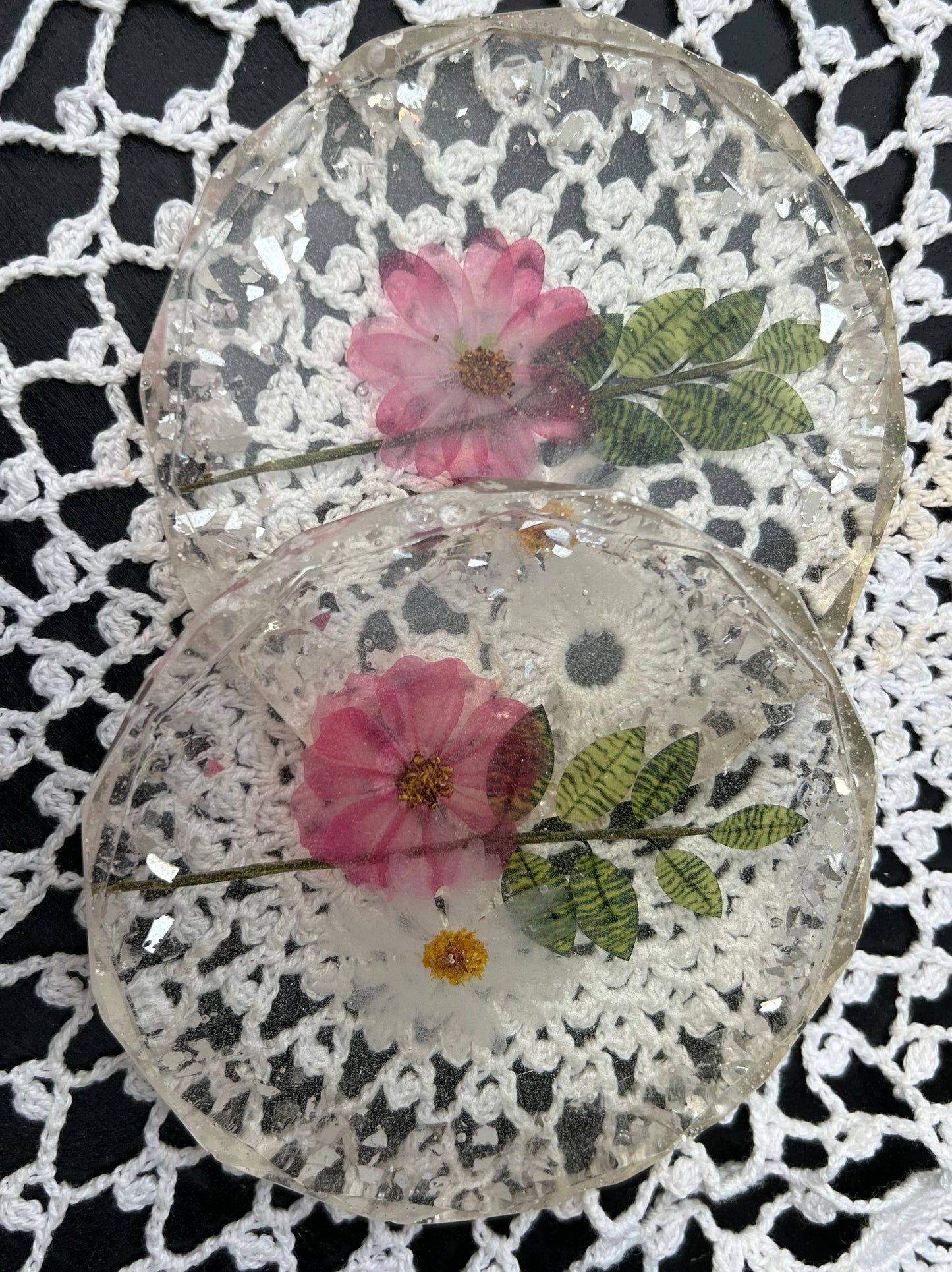 Pink & White Flowers With Green Leaves In Clear Coasters Set