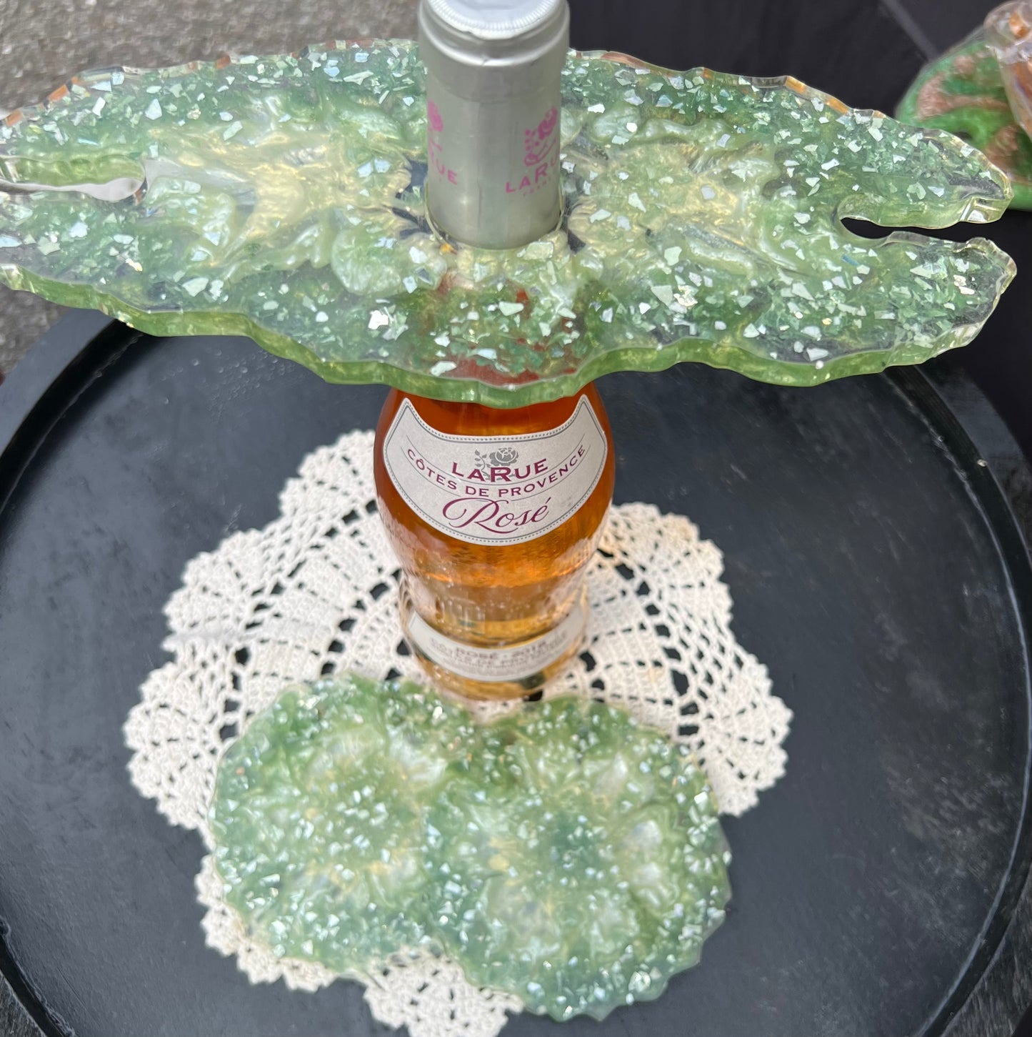 Moss Green & Pearl White Wine Bottle Holder With Coasters