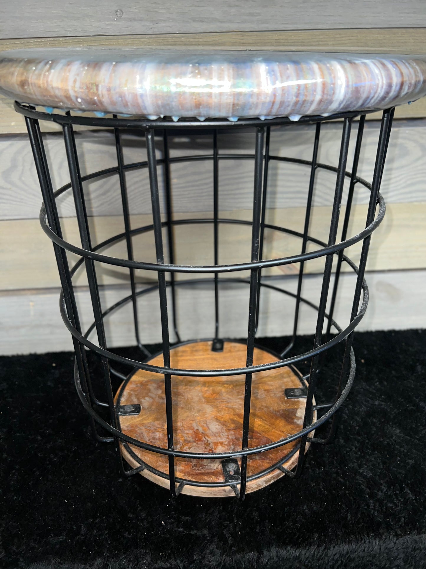 Teal & White Waves Storage Basket Table