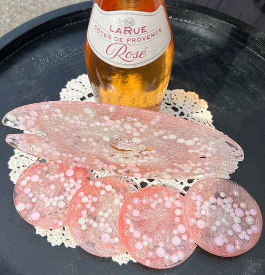 Pale Pink & Pearl White Wine Bottle Holder With Coasters