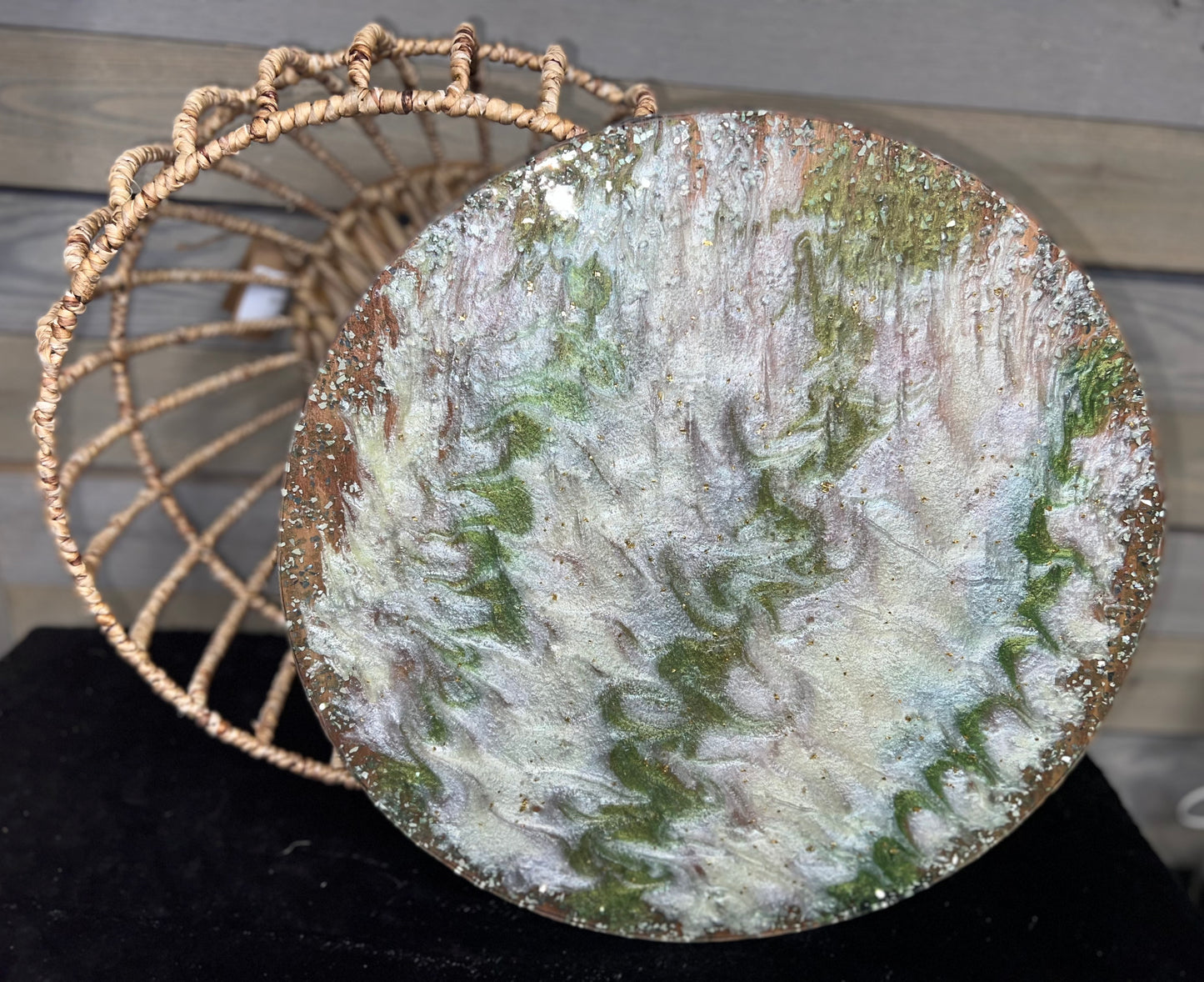 Green, Moss & Pearl White Swirl Storage Basket Table