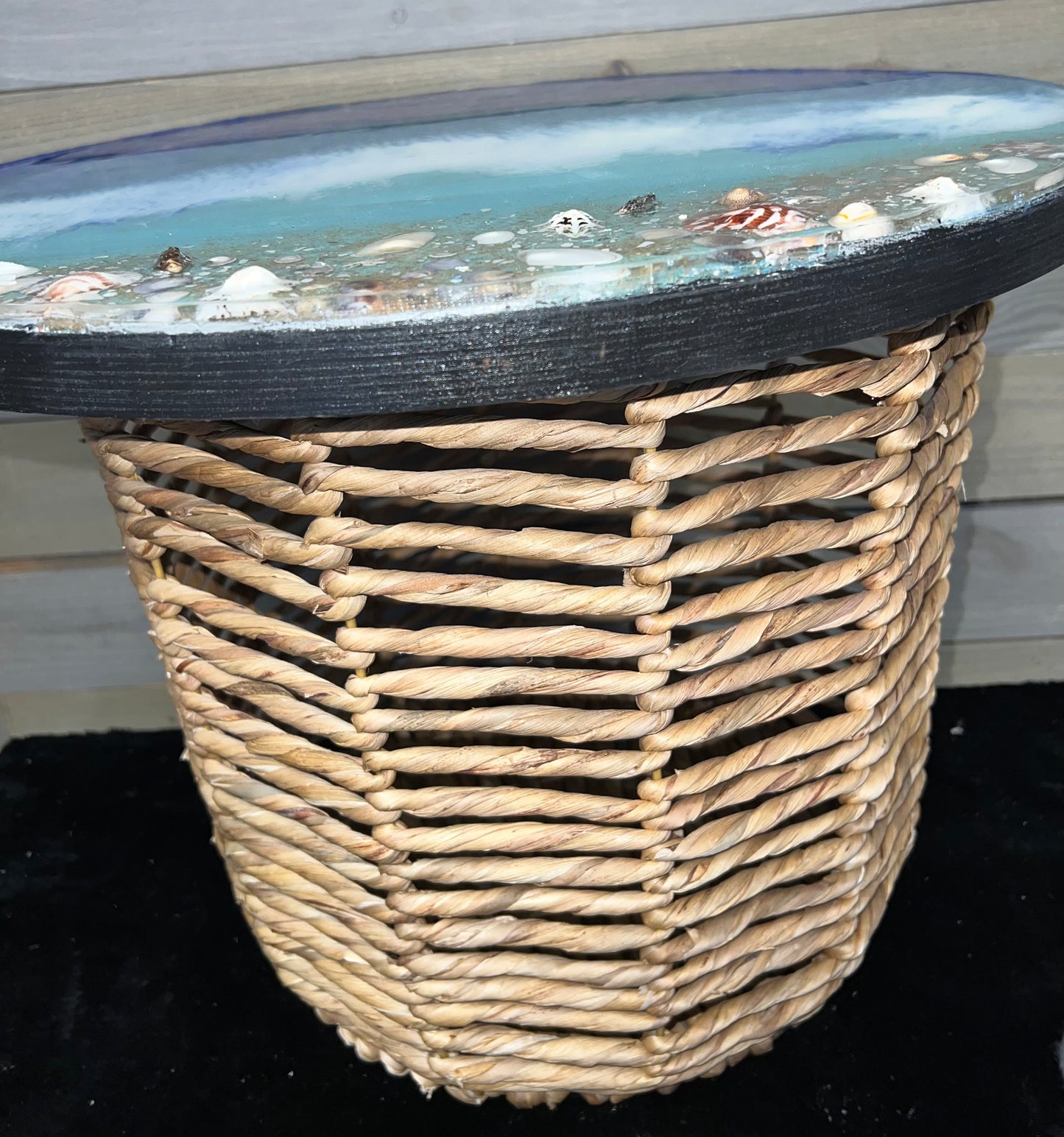 Blue, Teal & White Waves With Seashells Storage Basket Table