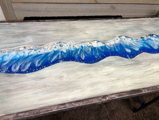 Blue/Brown Washed Desk/Table With Blue Waves & Seashells