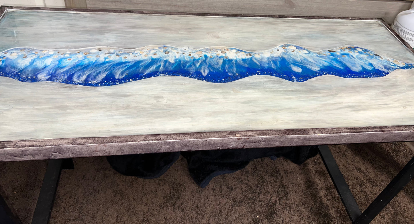 Blue/Brown Washed Desk/Table With Blue Waves & Seashells