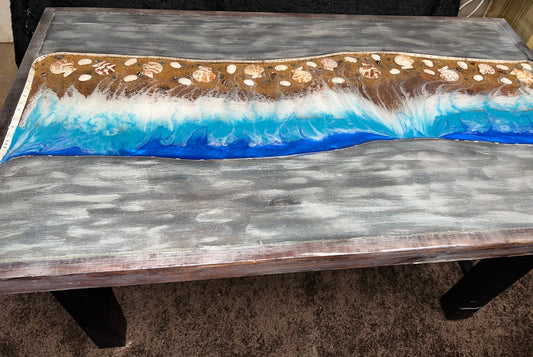 Blue/Dark Brown Washed Table With Blue Waves & Seashells